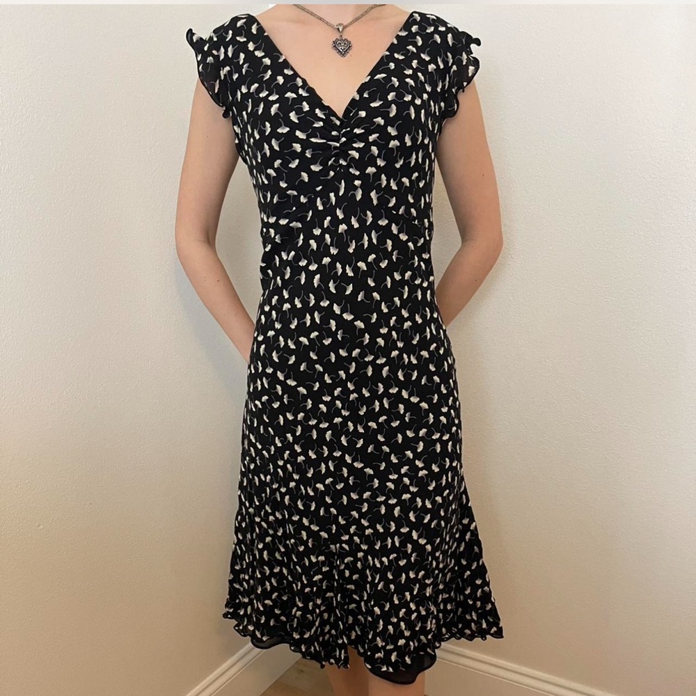 Talbots Silk Black and White Ruffled A-line Midi Dress